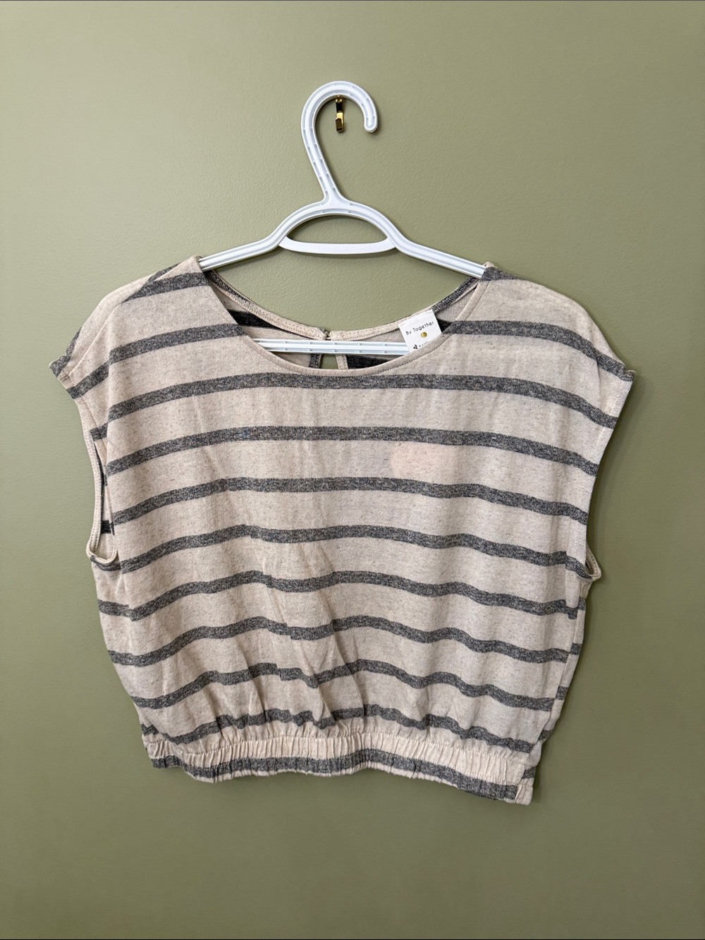 By Together Beige and Gray Striped Cropped Cap-Sleeve Top
